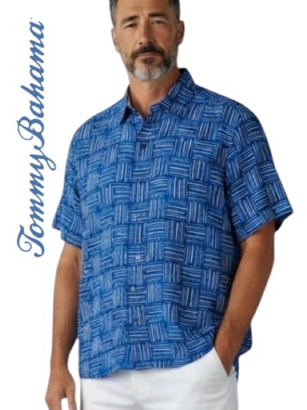 Tommy Bahama 100% Linen Shirt Men’s Sz M Blue Geometric Short Sleeve Button Up